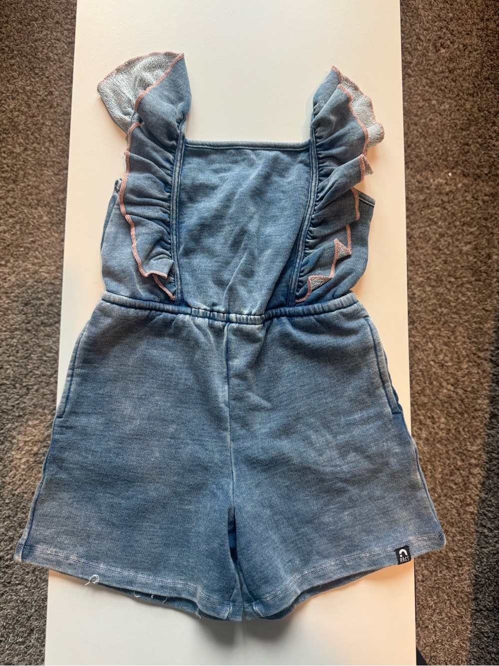 Girls Denim Blue Ruffle Romper with Pink Trim